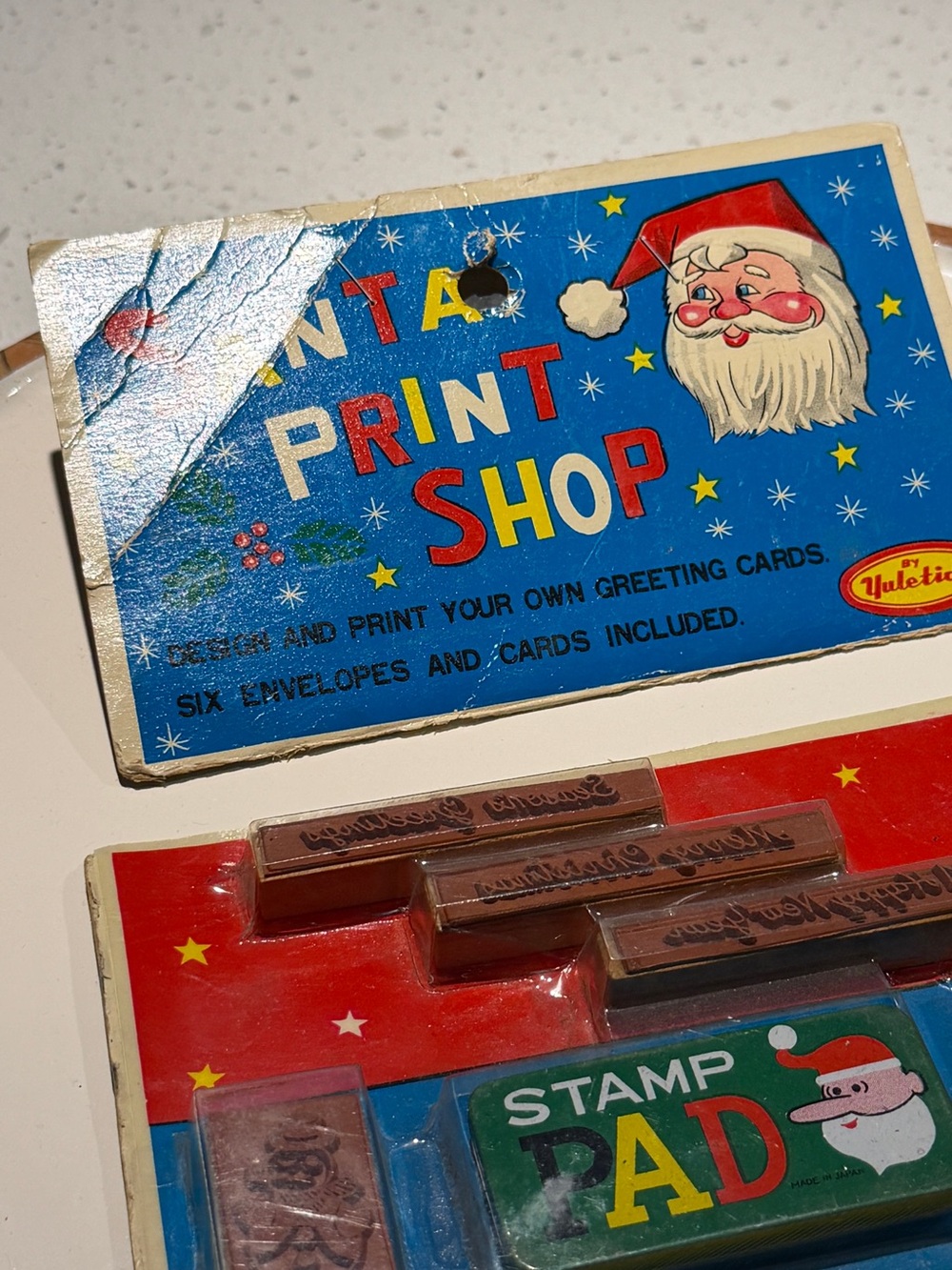NOSE Vintage Santa Print Shop Stamp & Card Set MOC | Yuletide Inc | 1960s